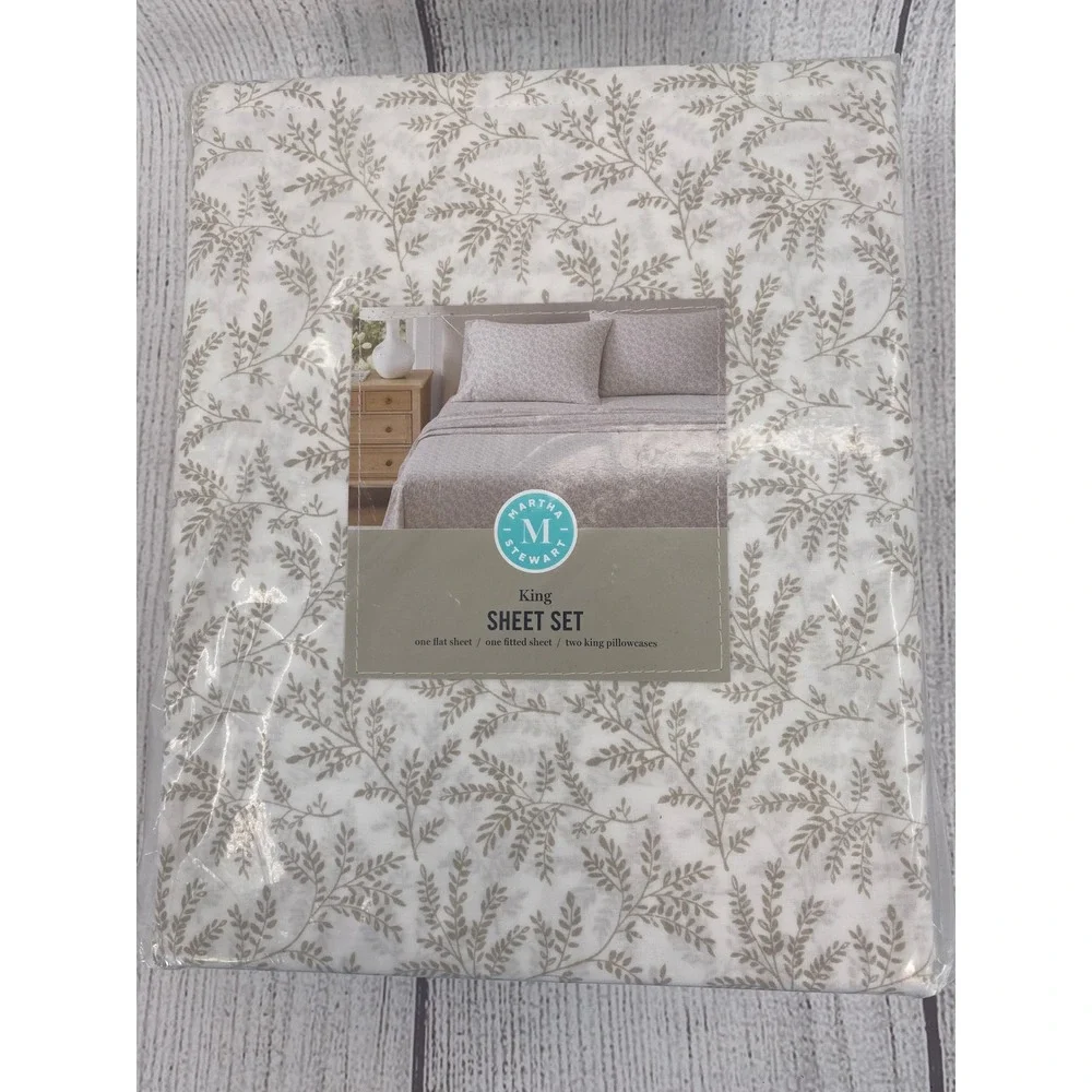 Martha Stewart Sheet Set King White Sandcastle 100% Cotton Botanical Leaf 4pc